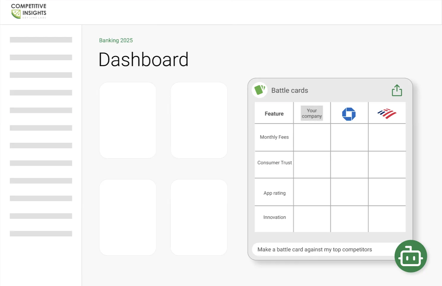 Chatbot panel showing a battle card table comparing ‘Your company’ with two bank competitors on monthly fees, consumer trust, app rating, and innovation.