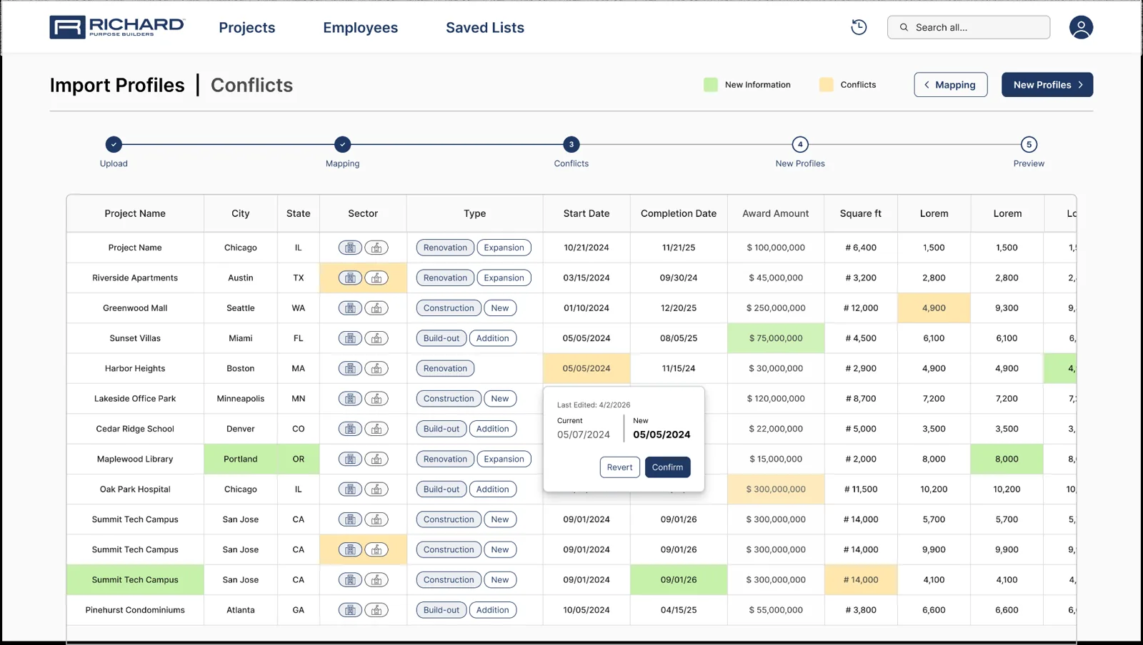 Import Profiles screen on the Conflicts step of a five-step progress bar. A spreadsheet table highlights new values in green and conflicting values in yellow, with a popover to pick the correct date.