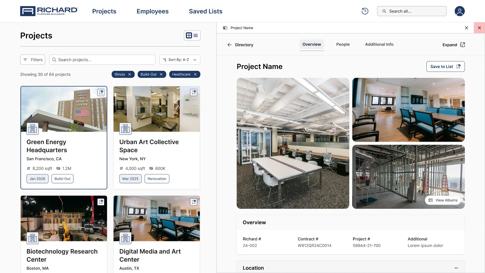 Project directory with a side panel open on the right showing a selected project’s photos, overview tab, and contract details.