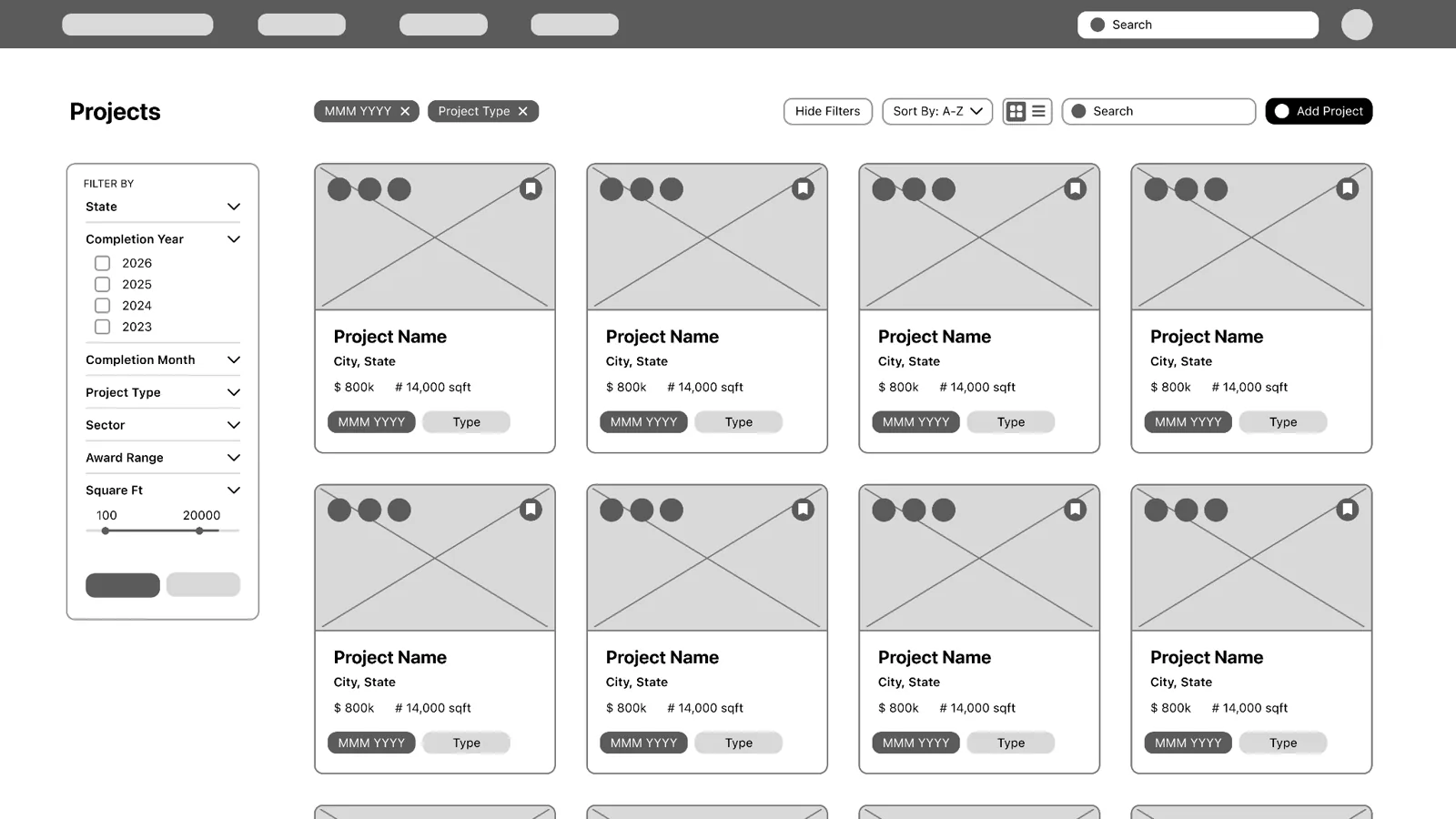 Grayscale low-fidelity wireframe of the project directory with a filter column and a grid of placeholder project cards.