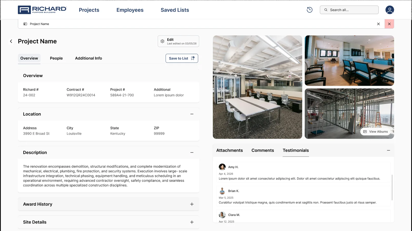 Full project profile with overview, location, and description sections on the left and photos plus attachments, comments, and testimonials tabs on the right.