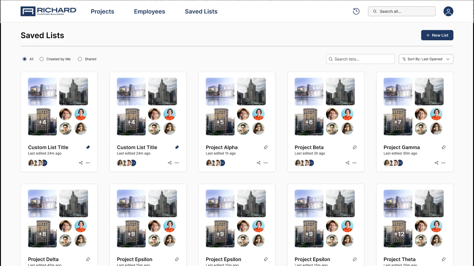 Saved Lists page with a grid of shareable list cards, each showing project thumbnails and the avatars of people with access.